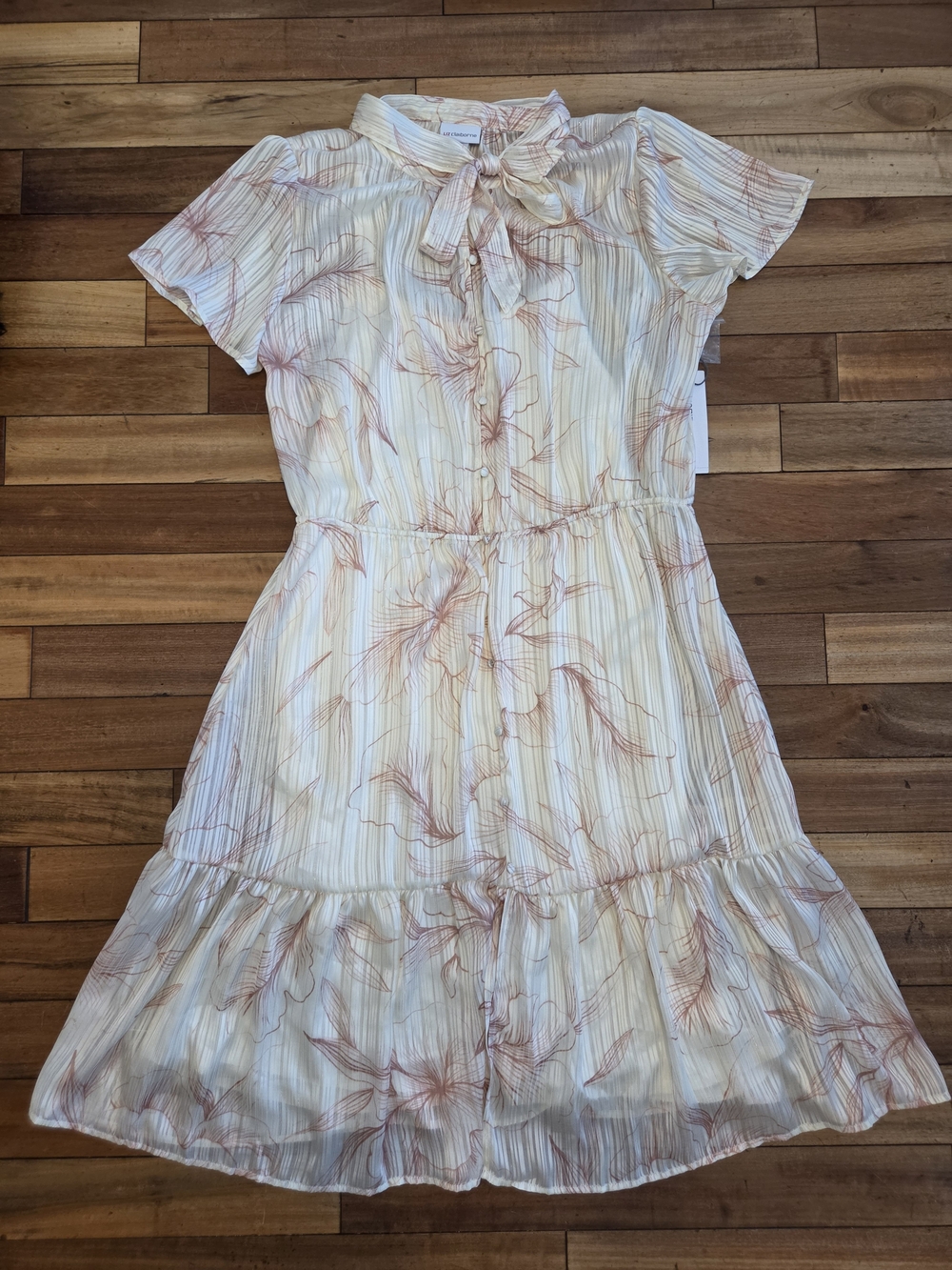 Tie-Neck Short Sleeve Floral Midi XL Dress Cream Blush Liz Claiborne
